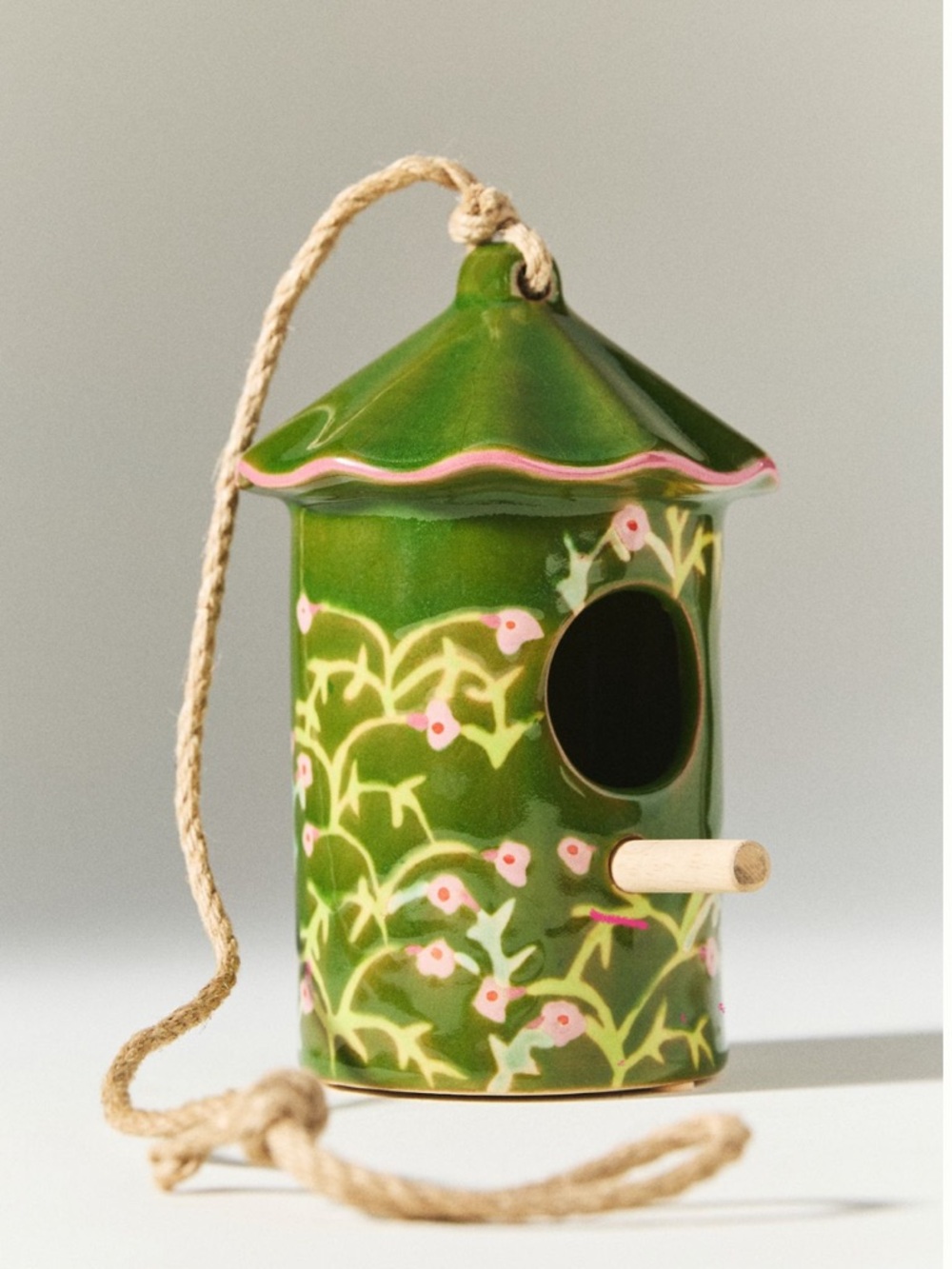 Anthropologie Ceramic Green and Pink Birdhouse